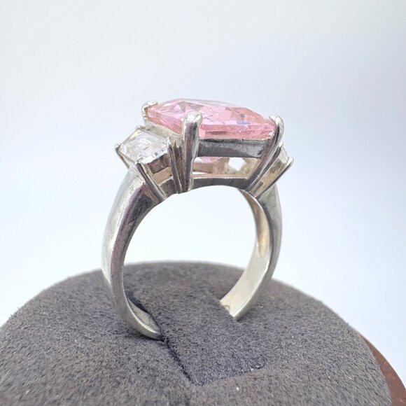 VTG Solid Sterling Silver 925 Pink & White Cubic Zirconia Statement Ring Size 6 - Picture 3 of 8